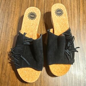 Ugg Dane suede fringe wedge espadrille sandals Black size 7